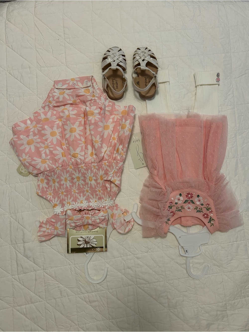 Baby clothes, Pink Daisy Smocked Baby Romper & Pink Tulle Embroidered Dress Set